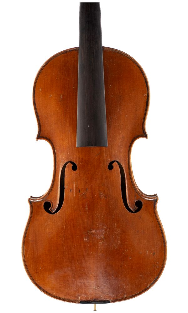 A violin, labelled Mathias Heinicke Geigenbauer