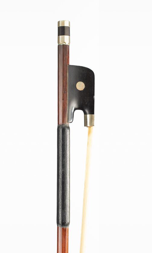 A nickel-mounted cello bow, branded Tourte