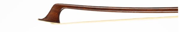 A nickel-mounted cello bow, labelled Suss