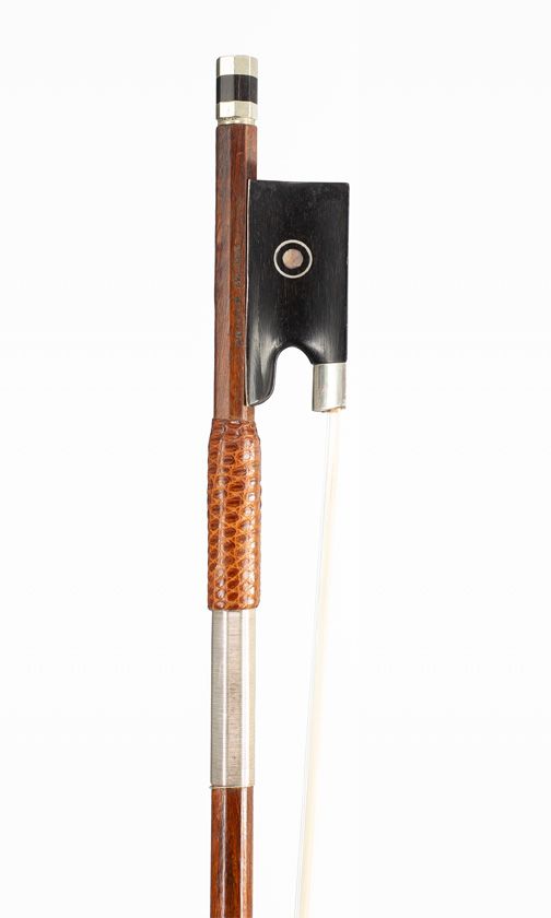A nickel-mounted violin bow, branded Arthur Thoma