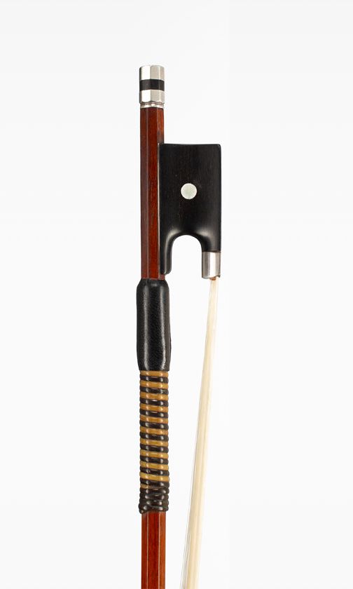 A silver-mounted violin bow, branded A [on underside of stick]