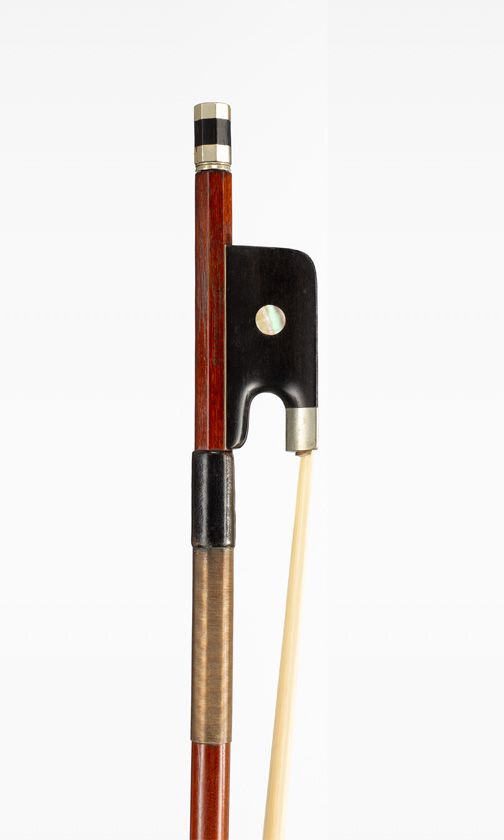 A nickel-mounted cello bow, branded Eugen Roth