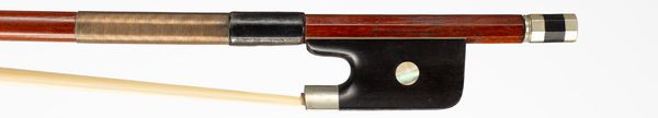 A nickel-mounted cello bow, branded Eugen Roth
