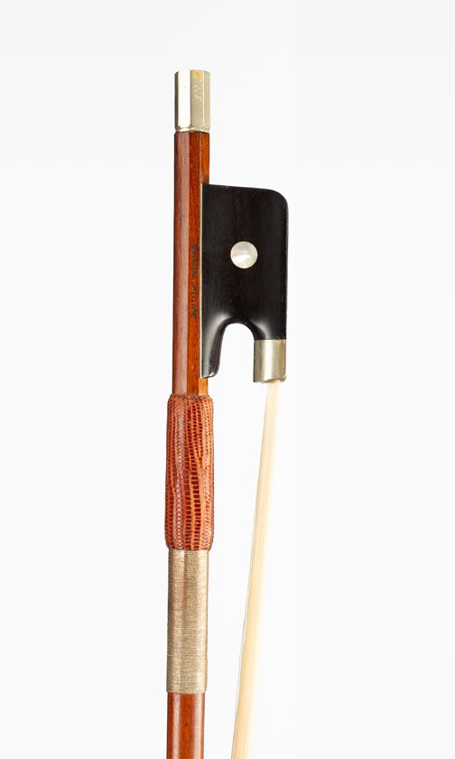A nickel-mounted cello bow, branded Adolf Thoma