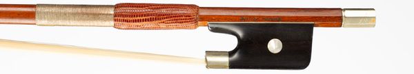A nickel-mounted cello bow, branded Adolf Thoma