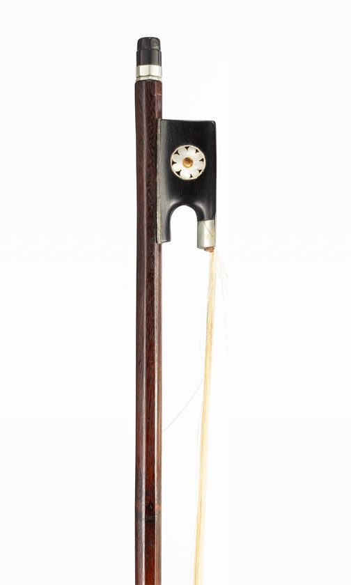 A nickel-mounted violin bow, branded Dodd