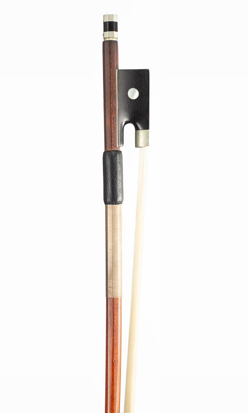 A nickel-mounted violin bow, branded C. Simonin