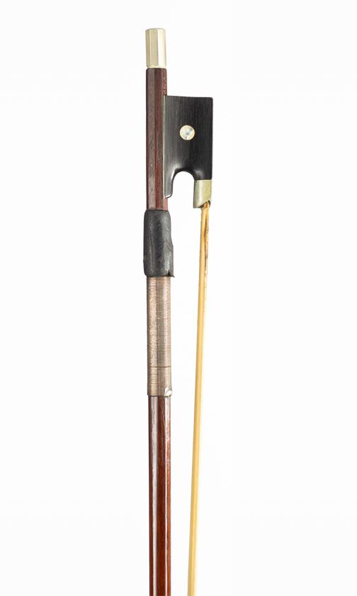 A nickel-mounted violin bow, branded Voibro