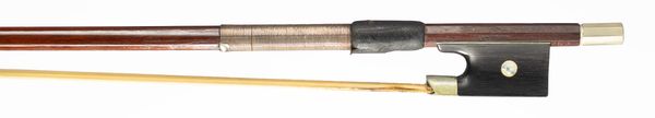 A nickel-mounted violin bow, branded Voibro