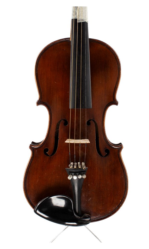 A three-quarter sized violin, labelled [with the image of the globe]