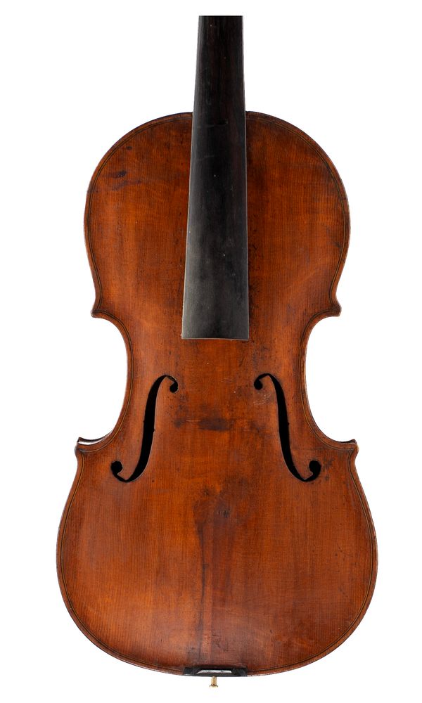 A violin, labelled Repaired by James Hardie & Sons