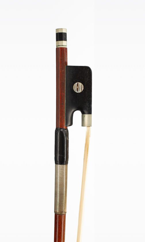 A nickel-mounted cello bow, branded Marco Raposo