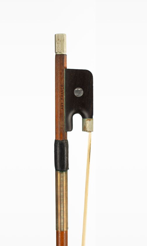 A nickel-mounted cello bow, branded Ary France