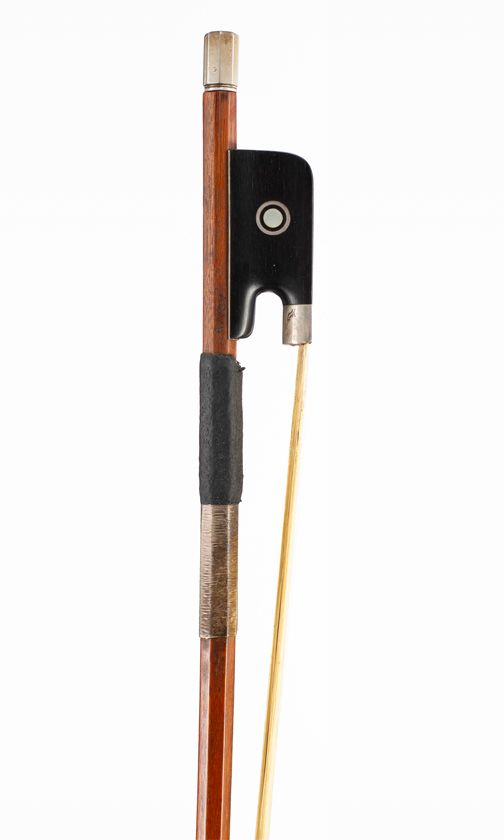 A silver-mounted cello bow, branded Adam