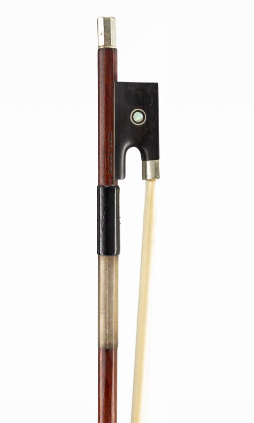 A nickel-mounted violin bow, branded Marc Laberte