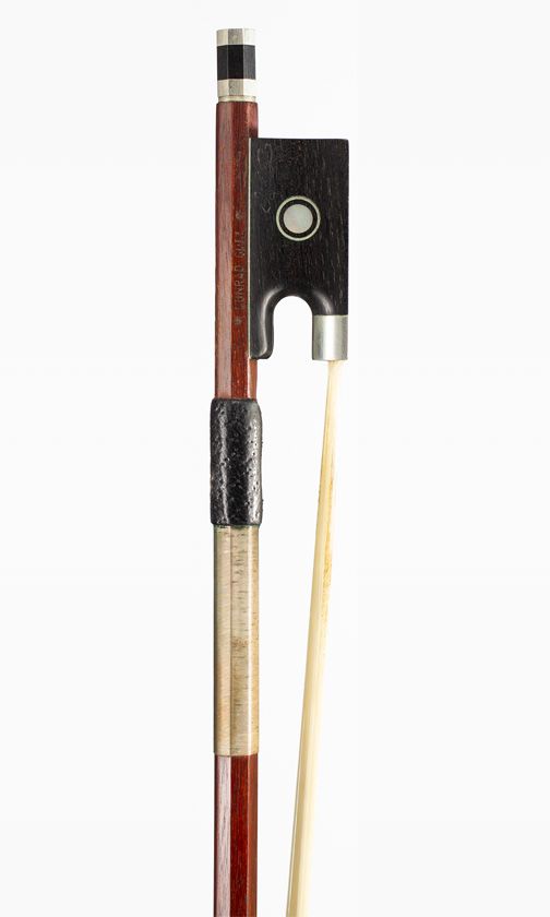 A nickel-mounted violin bow, branded Conrad Gotz