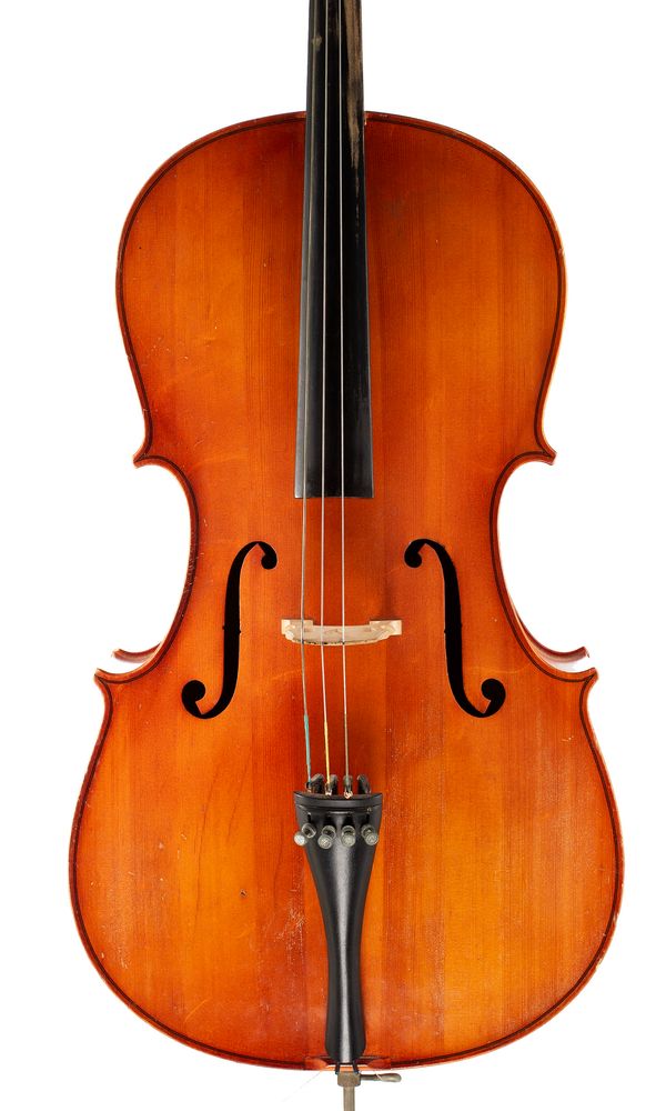 A cello, labelled Made in Hungary