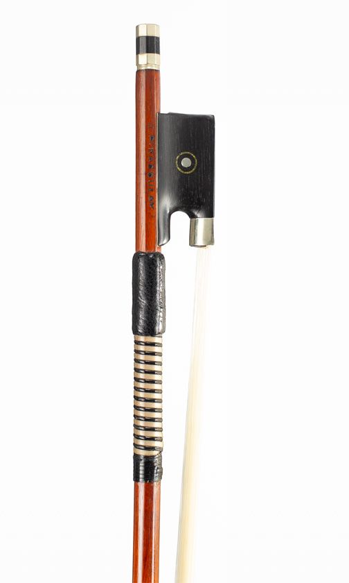 A nickel-mounted violin bow, branded J. Pikadoulak