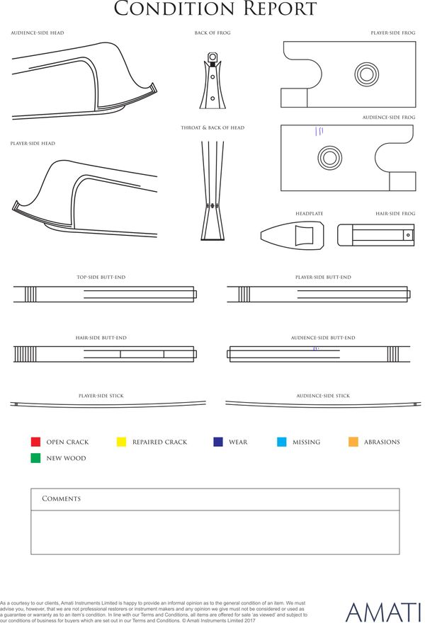 A silver-and-tortoiseshell-mounted violin bow, Workshop of W. E. Hill & Sons, England, 1926 - condition report