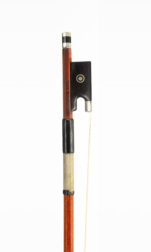 A nickel-mounted violin bow, branded Alfons Riedl