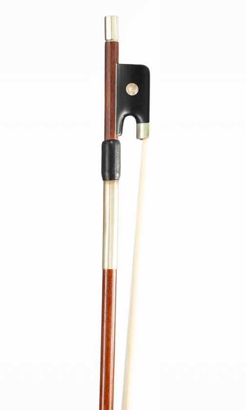 A nickel-mounted violin bow, branded [indistinctly]