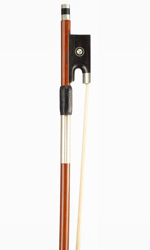 A nickel-mounted violin bow, branded W. Dorfler
