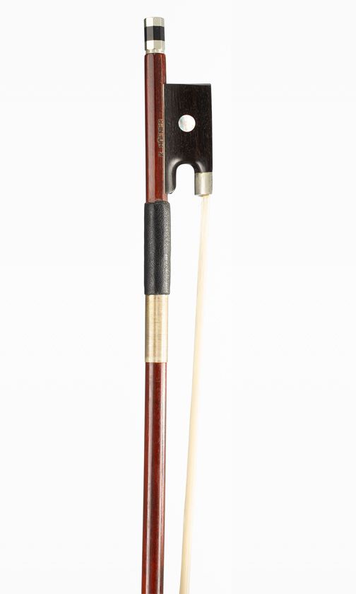 A nickel-mounted violin bow, branded K Hofner