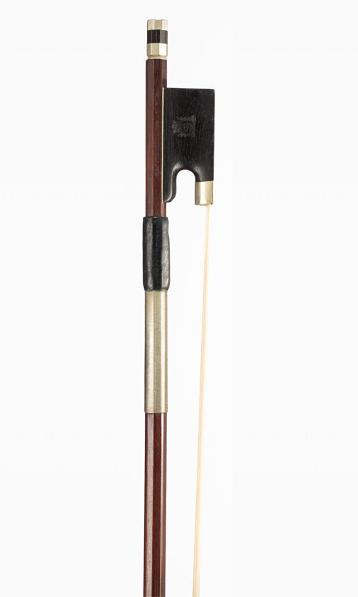 A nickel-mounted violin bow, branded W. A. Pfretzschner