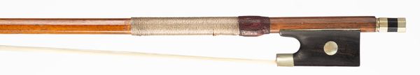 A nickel-mounted violin bow, branded G. Bazin