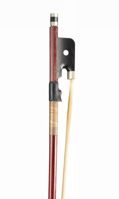 A nickel-mounted cello bow, branded Prima 200