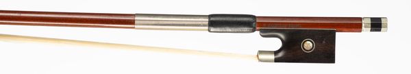 A nickel-mounted violin bow, branded T. Pampolin Brasil