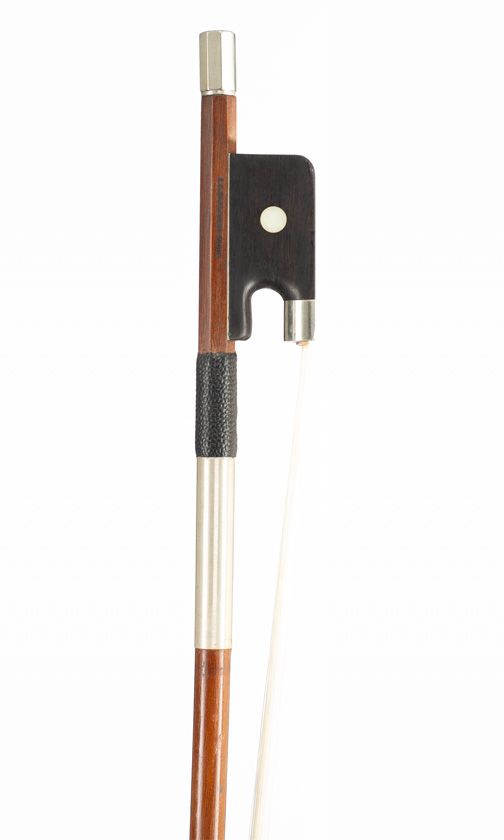 A three-quarter sized nickel-mounted cello bow, branded E. A. Ouchard Paris