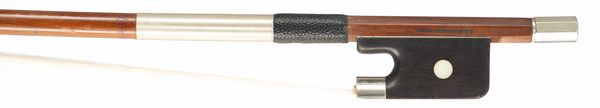 A three-quarter sized nickel-mounted cello bow, branded E. A. Ouchard Paris