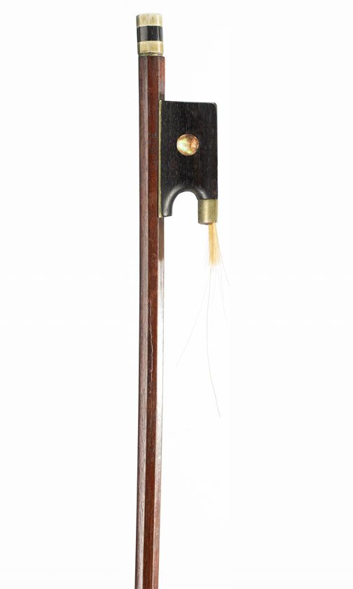 A nickel-mounted violin bow, branded Tourte