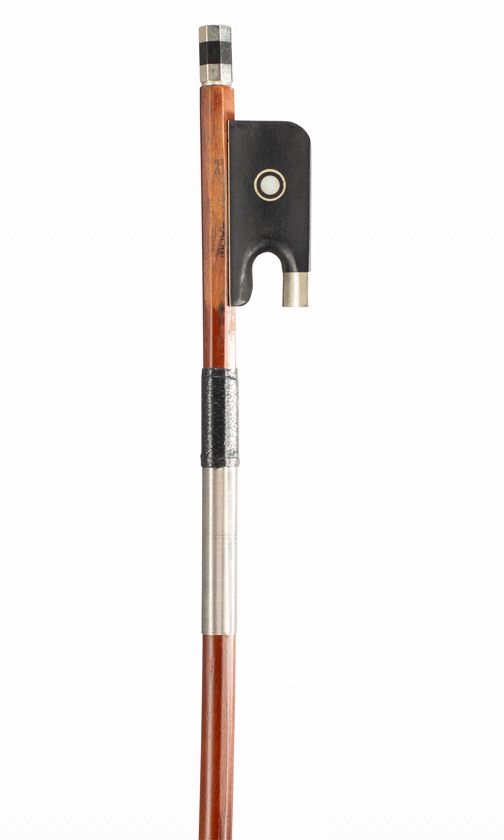 A nickel-mounted violin bow, branded Made in Korea