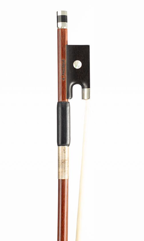 A nickel-mounted violin bow, branded R. Paesold