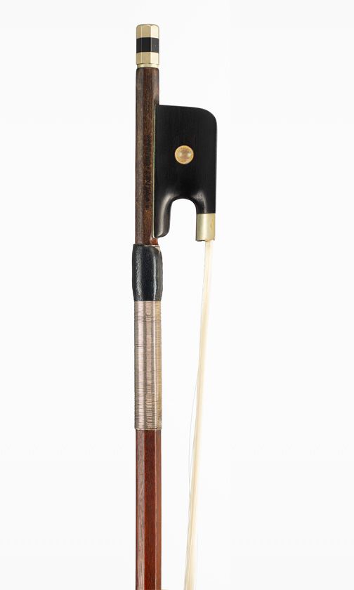 A nickel-mounted cello bow, branded R Weichold Dresden