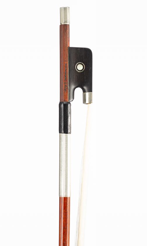 A nickel-mounted violin bow by Louis Morizot freres, Mirecourt, 1955