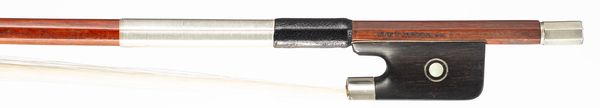 A nickel-mounted violin bow by Louis Morizot freres, Mirecourt, 1955