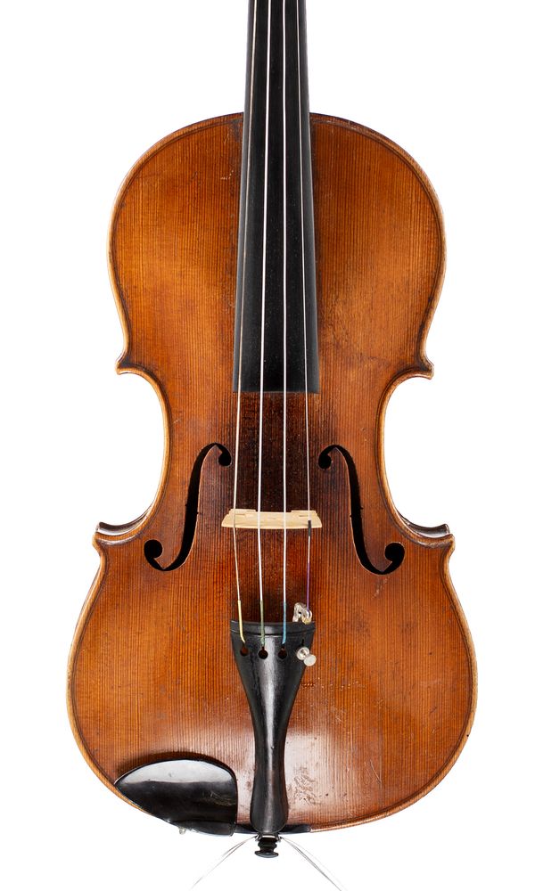 A violin, labelled Toned & Voiced by Frank Roberts