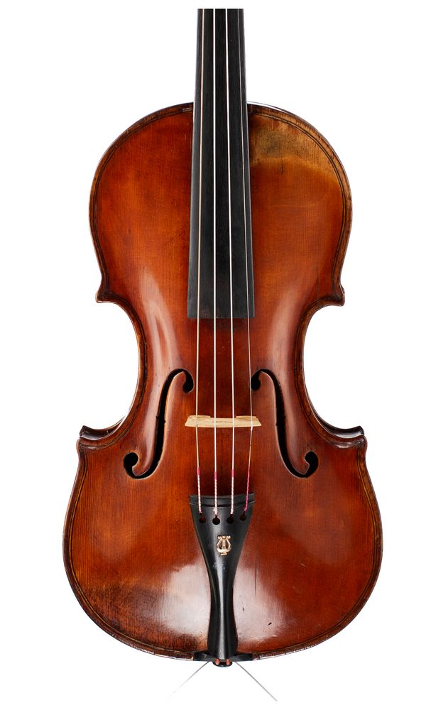 A violin, labelled Pettus Antonius Malvolti