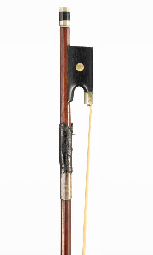 A nickel-mounted violin bow, branded [illegibly]