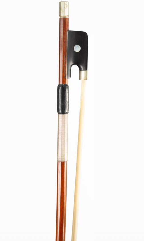 A nickel-mounted violin bow by Eugene Brouillier, Mirecourt, early 20th Century