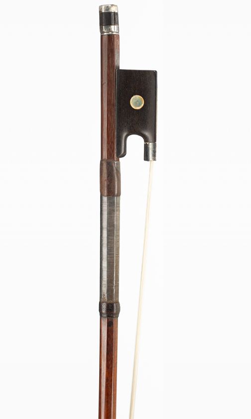 A silver-mounted violin bow, branded Maire