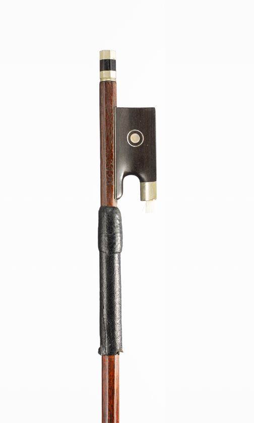 A nickel-mounted violin bow, branded Dodd