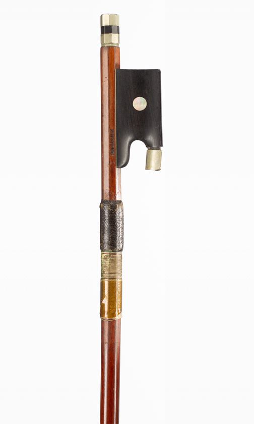 A nickel-mounted violin bow, branded Bausch