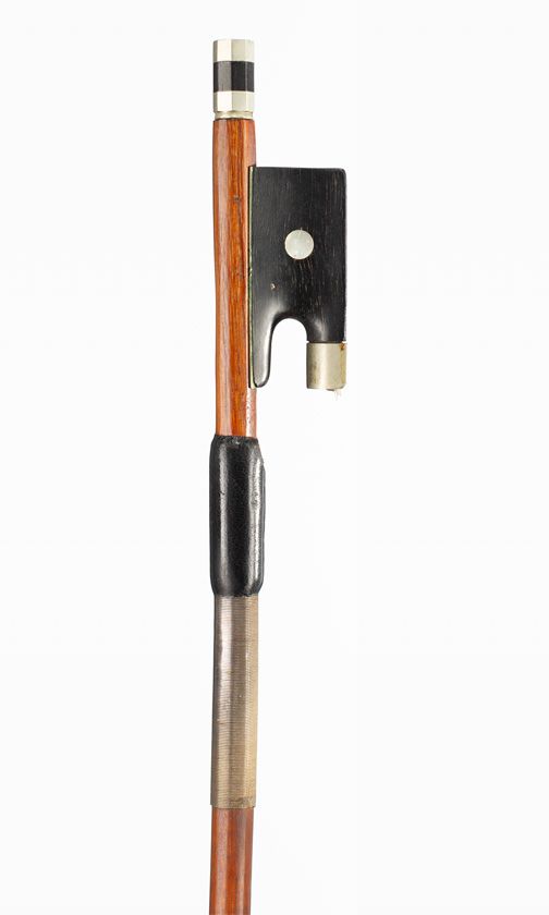 A nickel-mounted violin bow, branded [illegibly]
