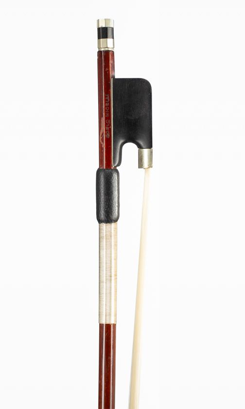 A nickel-mounted violin bow, branded Carlo Micelli