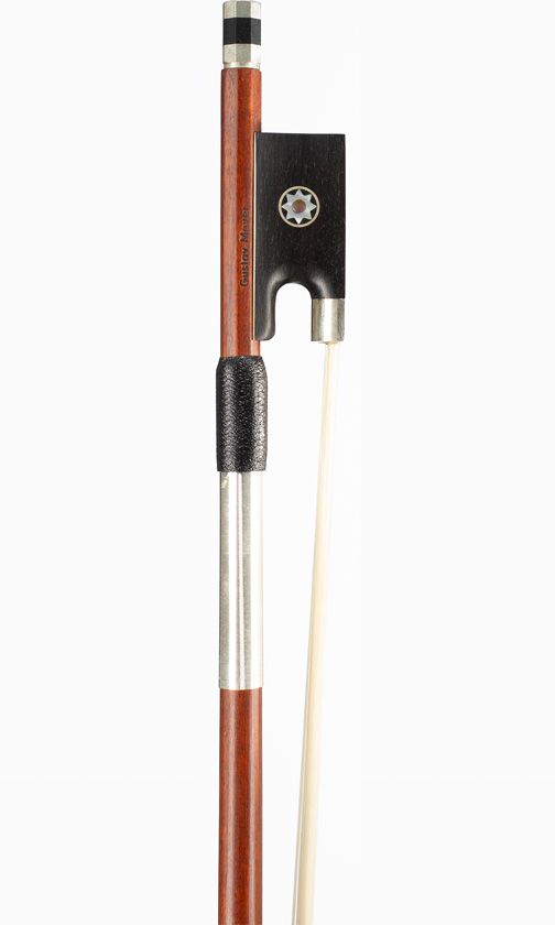 A nickel-mounted violin bow, branded Gustav Meyer