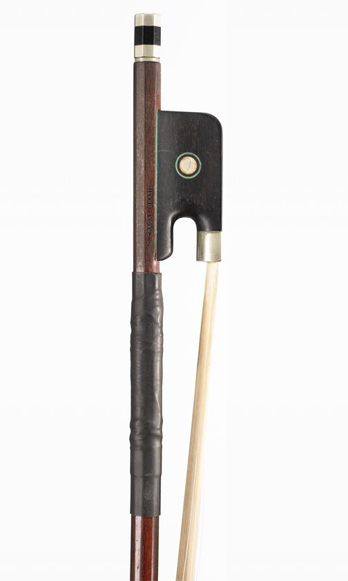 A nickel-mounted cello bow, branded D Chagas Brasil